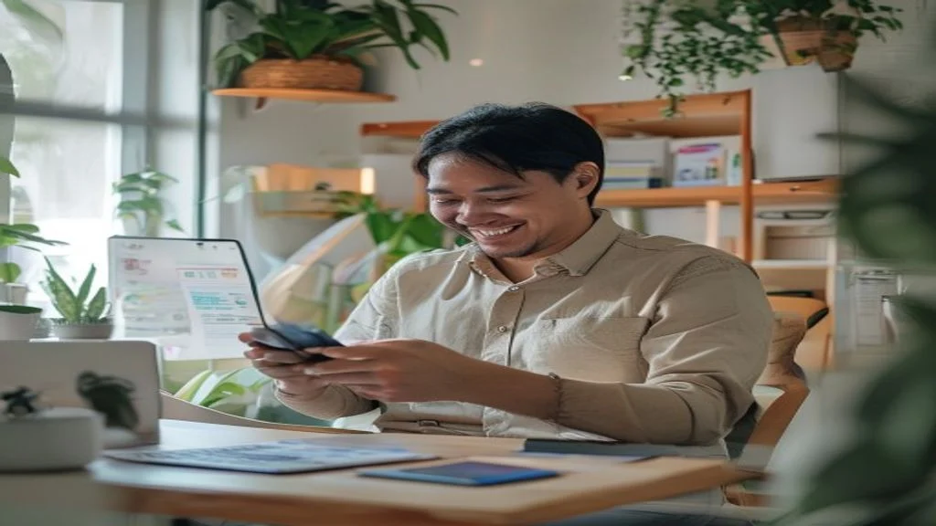Pengusaha muda mengelola toko online lewat smartphone, menampilkan grafik penjualan meningkat.