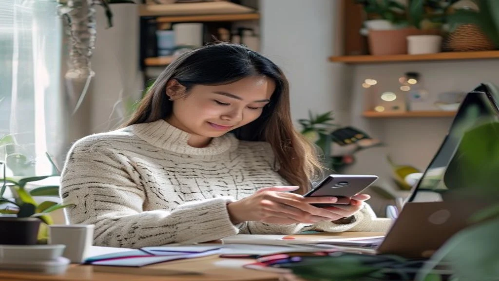 Strategi sukses menjalankan bisnis online hanya dengan smartphone, menampilkan aplikasi pemasaran dan transaksi.