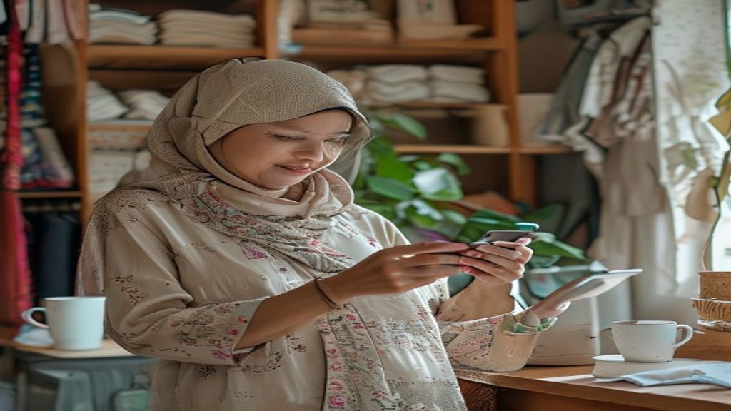 Pengusaha muda mengelola toko online lewat HP, memperlihatkan pemasaran digital dan penjualan produk secara mobile.