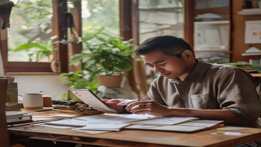 Pengusaha mengelola bisnis online melalui smartphone, memanfaatkan aplikasi e‑commerce dan media sosial.