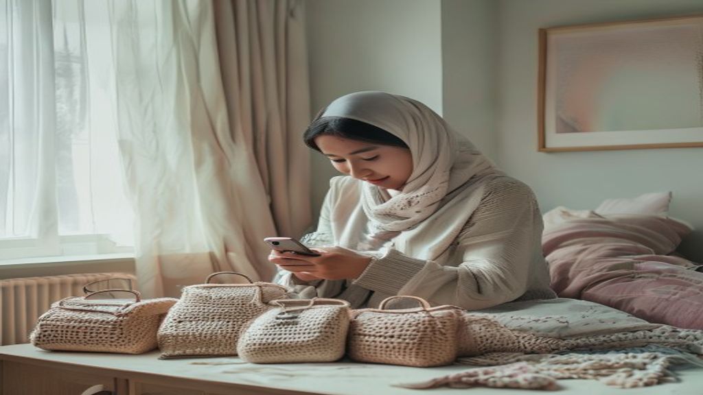 Pengusaha muda mengelola toko online lewat smartphone, menandakan peluang bisnis digital fleksibel.