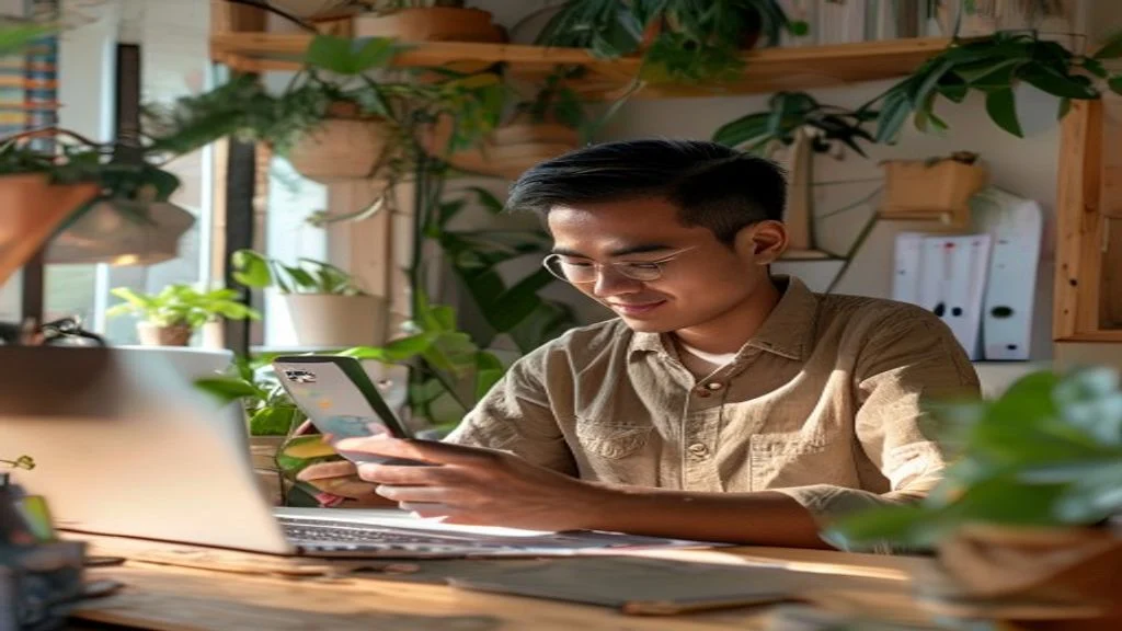 Pengusaha muda mengelola toko online lewat smartphone, memperlihatkan kemudahan bisnis digital.