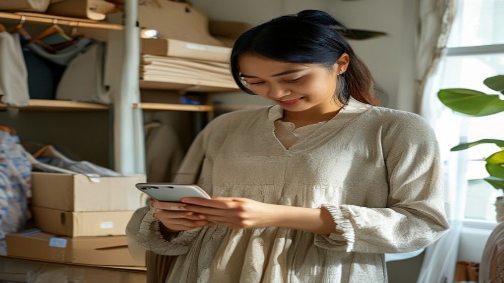 Pengusaha muda mengelola toko online lewat smartphone, memanfaatkan aplikasi e‑commerce dan media sosial