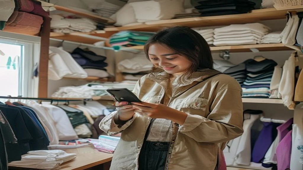 Ilustrasi seseorang mengelola toko online lewat smartphone, menunjukkan cara memulai bisnis online dengan HP