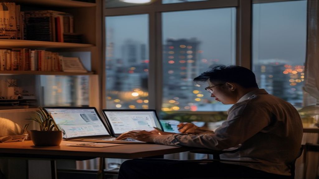 Karyawan memanfaatkan laptop, menjalankan bisnis online fleksibel sambil bekerja penuh waktu