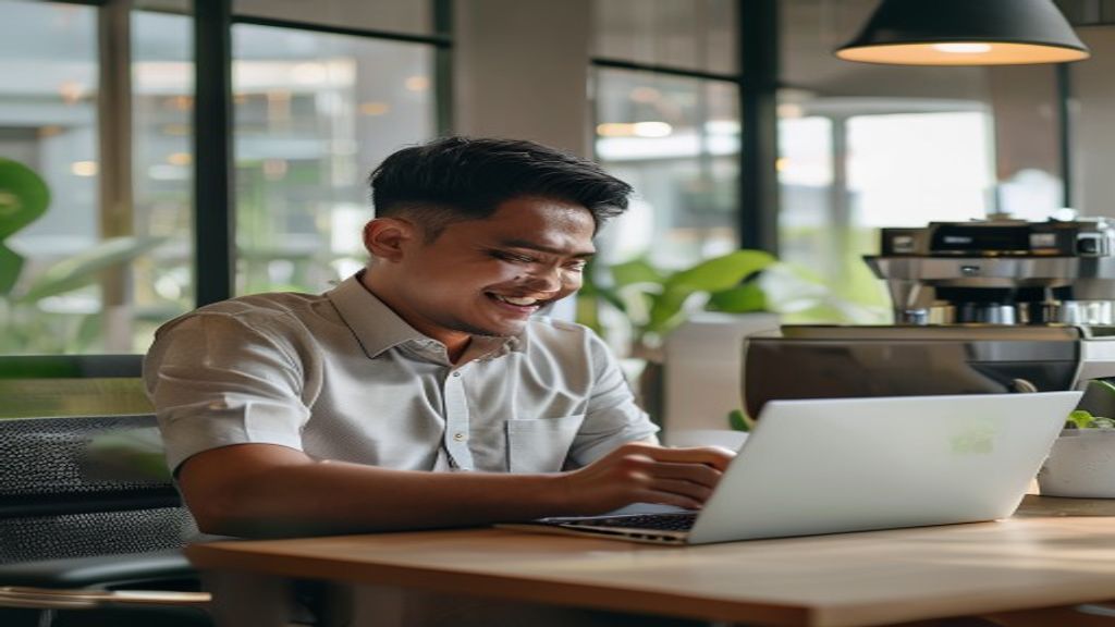 Ilustrasi karyawan bekerja dari rumah mengembangkan bisnis online, memanfaatkan laptop dan platform digital.