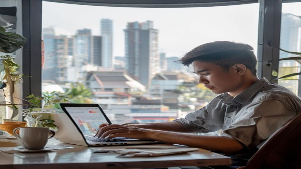 Ilustrasi langkah-langkah memulai bisnis online dari nol, termasuk riset pasar, platform, dan strategi pemasaran.
