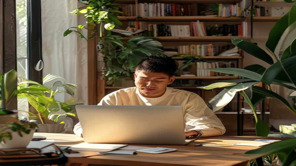 Ilustrasi cara menghasilkan uang dengan kecerdasan buatan melalui aplikasi online, investasi, dan freelance AI.