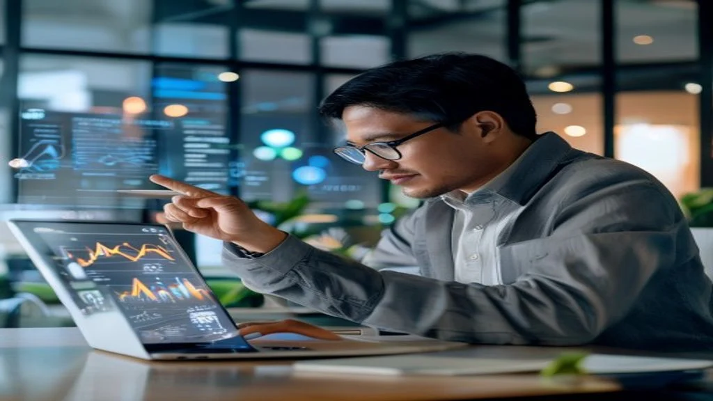 Ilustrasi cara menghasilkan uang dengan AI melalui otomatisasi, analisis data, dan penjualan model AI.