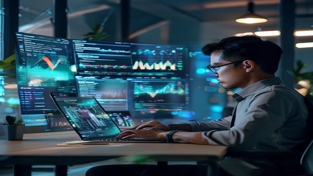 Ilustrasi cara menghasilkan uang dengan kecerdasan buatan, menampilkan strategi digital dan otomatisasi profit.