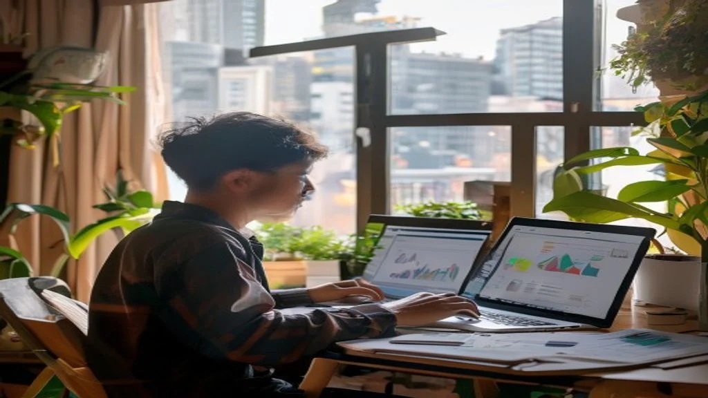 Ilustrasi panduan lengkap bisnis online 2026 bagi pemula, menampilkan strategi pemasaran digital dan tips sukses.