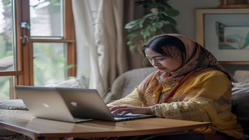 Pengusaha bekerja di laptop di ruang kerja rumah, memulai bisnis online dari rumah.