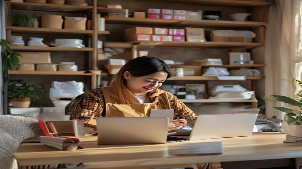 Pengusaha bekerja di laptop sambil mengatur produk, memperlihatkan cara sukses memulai bisnis online dari rumah.