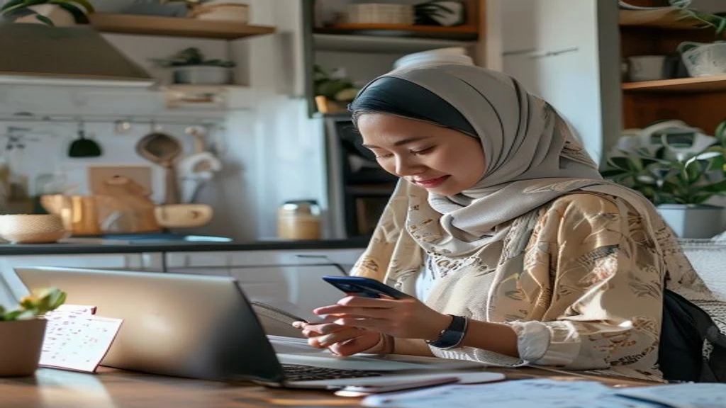 Pekerja memanfaatkan laptop di ruang kerja rumah, memulai bisnis online fleksibel dan menguntungkan