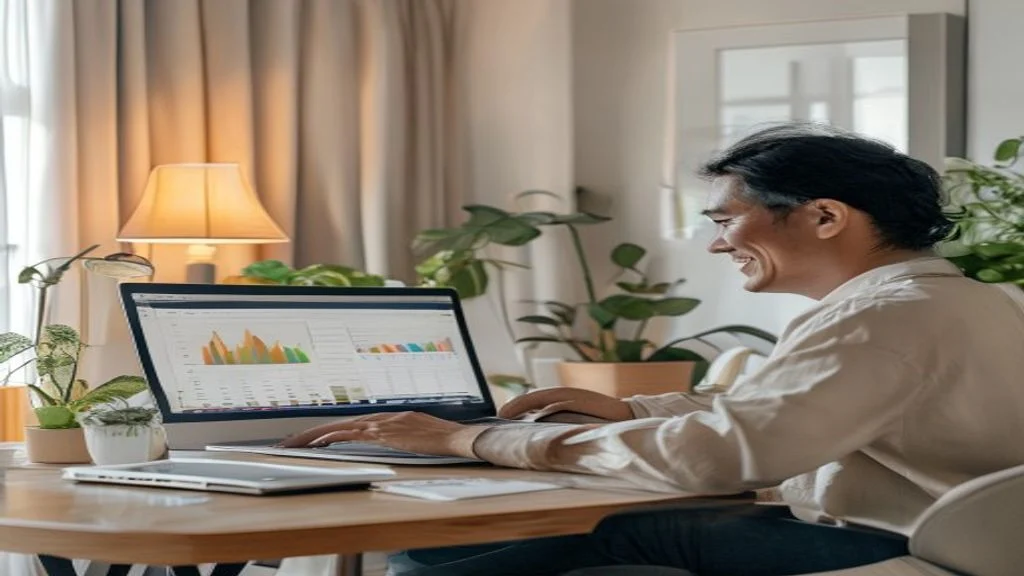 Pengusaha bekerja di laptop dengan kopi, menunjukkan cara memulai bisnis online dari rumah dengan fleksibilitas tinggi