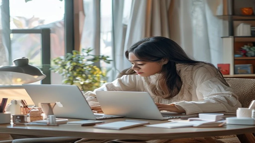 Pengusaha bekerja di laptop, mengelola toko online dari ruang kerja rumah yang nyaman.
