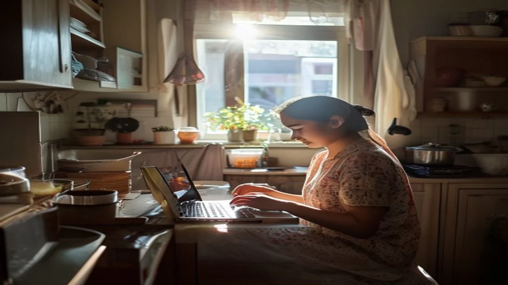 Ibu rumah tangga sukses menjalankan bisnis online di rumah, menjual produk melalui platform e‑commerce dengan fleksib...