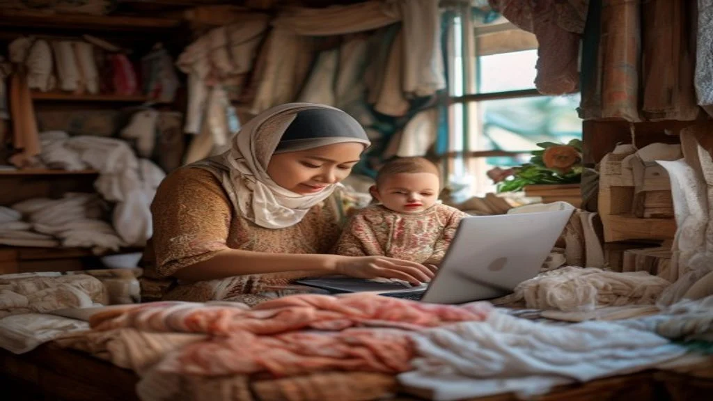Ibu rumah tangga mengelola bisnis online dari rumah, menjual produk handmade lewat laptop.