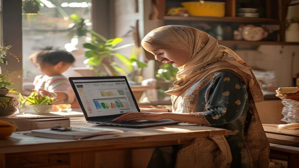 Ibu rumah tangga mengelola bisnis online dari laptop, simbol peluang kerja fleksibel.