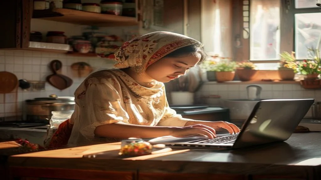 Ibu rumah tangga bekerja dari dapur mengelola toko online kerajinan tangan, contoh bisnis online rumahan.