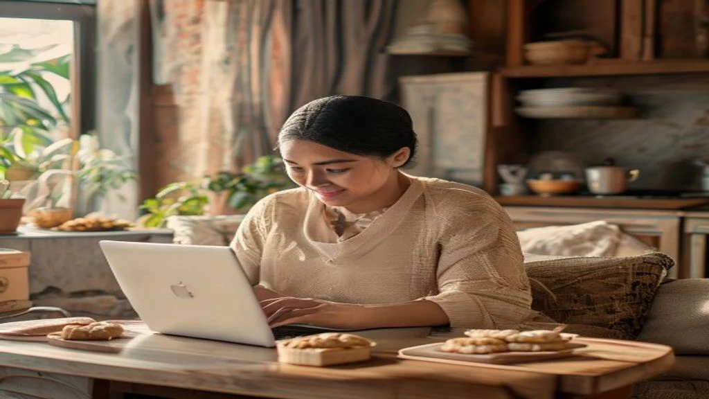 Ibu rumah tangga mengelola bisnis online jualan produk handmade dari laptop