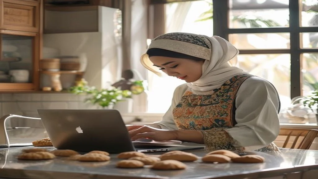 Ibu rumah tangga menjalankan bisnis online dari dapur, menjual produk handmade lewat laptop.