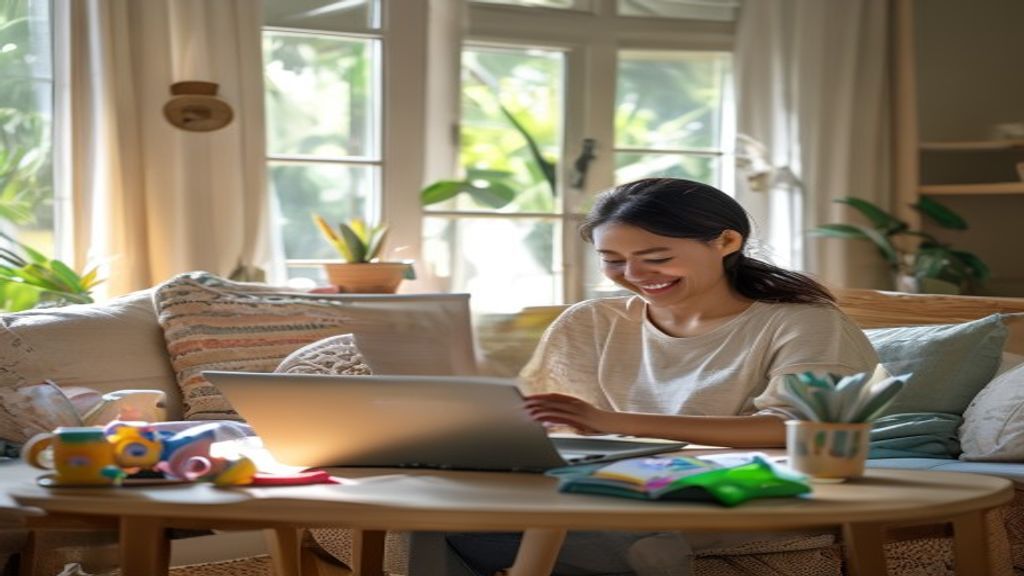 Ibu rumah tangga mengelola toko online dari dapur, menunjukkan peluang bisnis digital fleksibel.