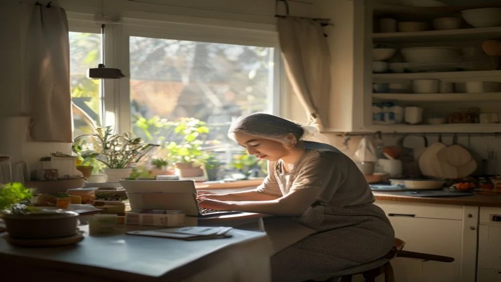 Ibu rumah tangga bekerja dari laptop, mengelola toko online pakaian dengan senyum penuh semangat.