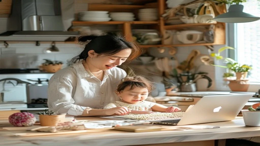 Ibu rumah tangga bekerja dari laptop, memulai bisnis online fleksibel dengan produk kerajinan tangan