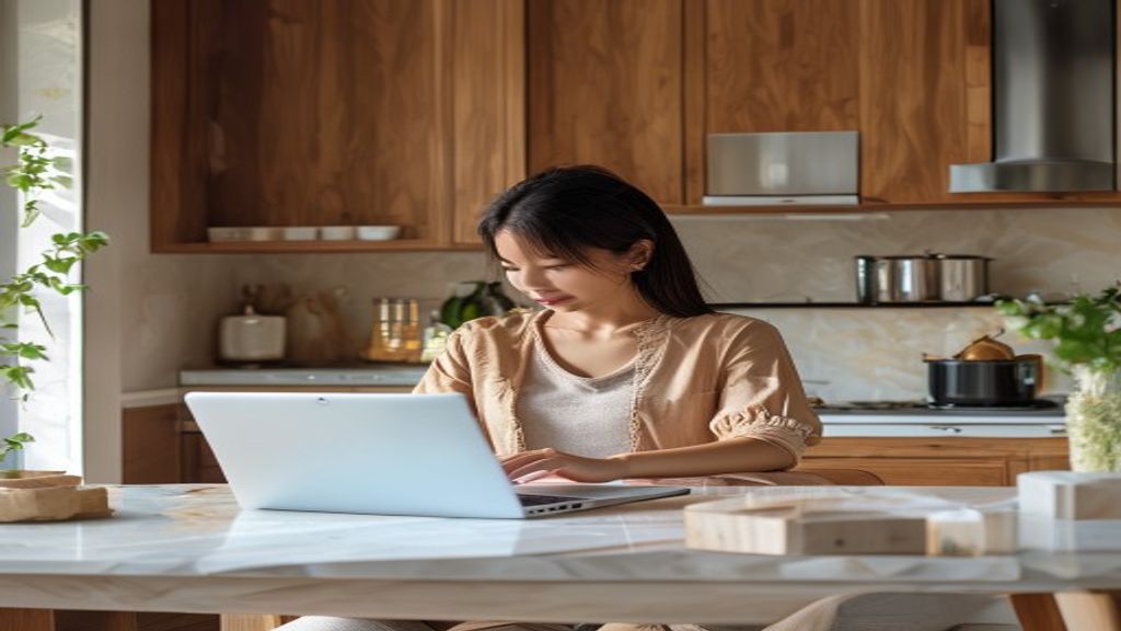 Ibu rumah tangga bekerja dari laptop, memulai bisnis online yang fleksibel dan menguntungkan