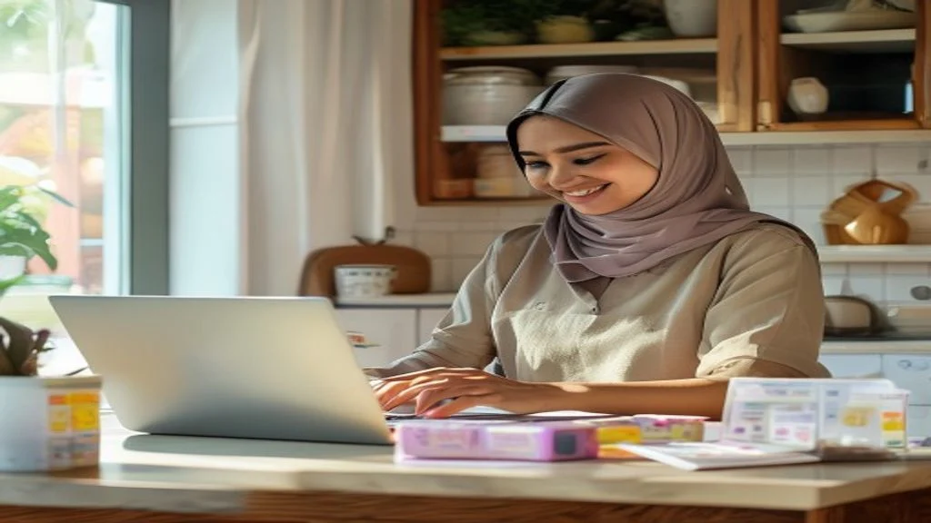 Ibu rumah tangga mengelola toko online dari dapur, memadukan tugas rumah dengan peluang bisnis digital.