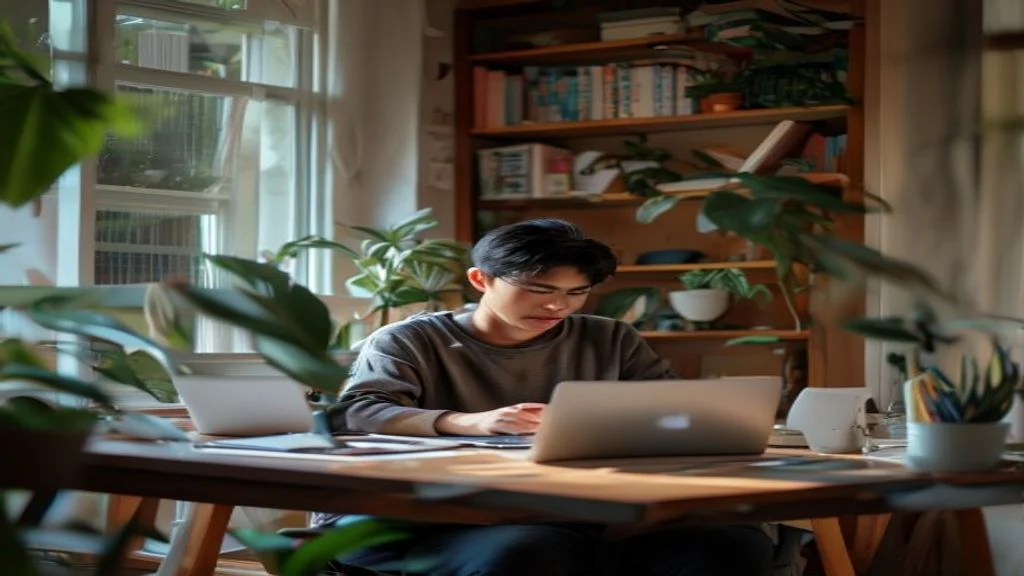 Ilustrasi langkah memulai bisnis online tanpa modal bagi pemula, menampilkan laptop, grafik pertumbuhan, dan catatan ...