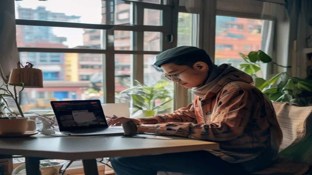 Ilustrasi peluang bisnis online untuk pemula tanpa modal, menampilkan laptop, smartphone, dan ide kreatif