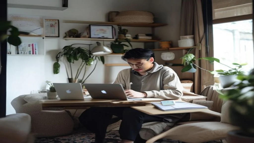 Ilustrasi cara memulai bisnis online untuk pemula tanpa modal dengan laptop dan ide kreatif.