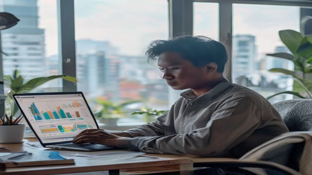 Ilustrasi peluang bisnis online menjanjikan dengan grafik pertumbuhan penjualan dan strategi pemasaran digital.